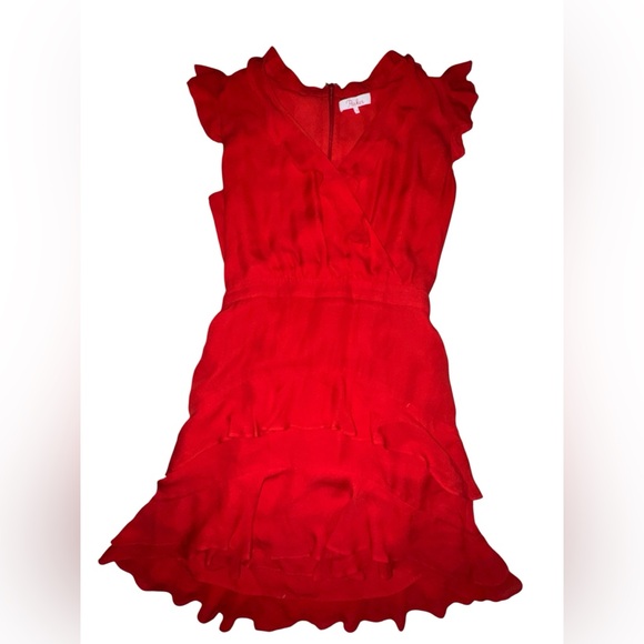 Size 2 Reddish Orange Parker Ruffled Tiered Lined Fitted Silk Mini Dress - Picture 1 of 11